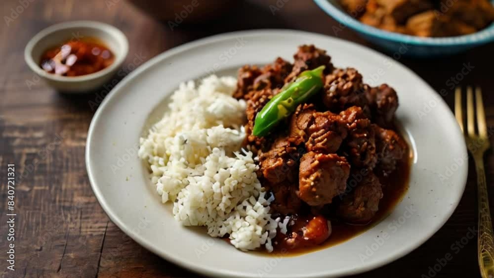 Spicy Indian Meat Curry with Rice and Green Chili Spicy Indian Meat Curry with Rice and Green Chili