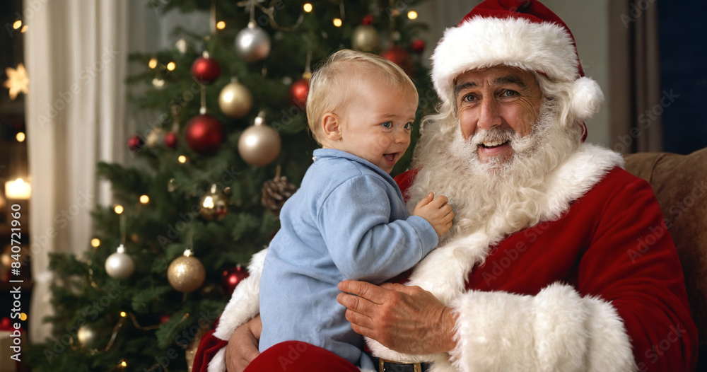 laughing happy, Santa claus and cute toddler boy caucasian, age 1 year, sits on santa claus in living room in front of christmas fir tree laughing happy, Santa claus and cute toddler boy caucasian, age 1 year, sits on santa claus in living room in front of christmas fir tree