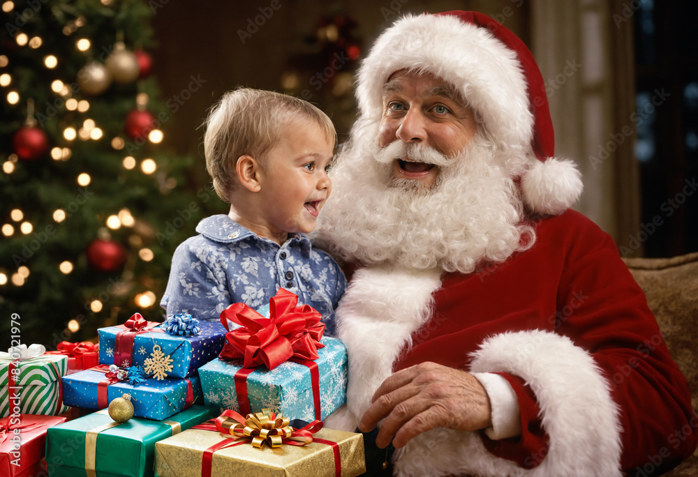 Santa claus and cute toddler boy caucasian, age 1 year, sits on santa claus in living room in front of christmas fir tree, pile of christmas presents gifts boxes Santa claus and cute toddler boy caucasian, age 1 year, sits on santa claus in living room in front of christmas fir tree, pile of christmas presents gifts boxes