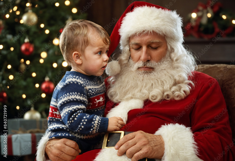 Santa Claus fell asleep during the gift giving on Christmas Eve while a toddler, a 1-year-old boy, sits on his lap, confused and surprised, looking questioning Santa Claus fell asleep during the gift giving on Christmas Eve while a toddler, a 1-year-old boy, sits on his lap, confused and surprised, looking questioning