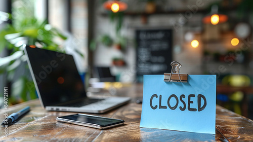 Closed workspace or office. An employee's desk with a note or message: CLOSED. For vacations.