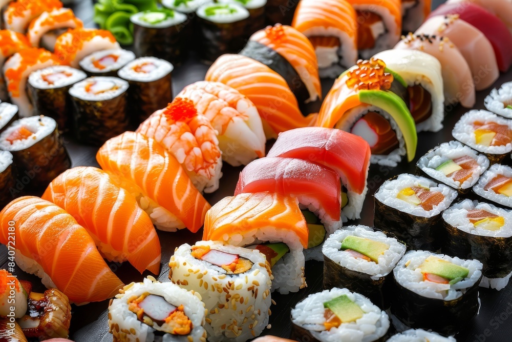 Large sushi platter with assorted rolls and nigiri, beautifully arranged, vibrant, food photography Large sushi platter with assorted rolls and nigiri, beautifully arranged, vibrant, food photography