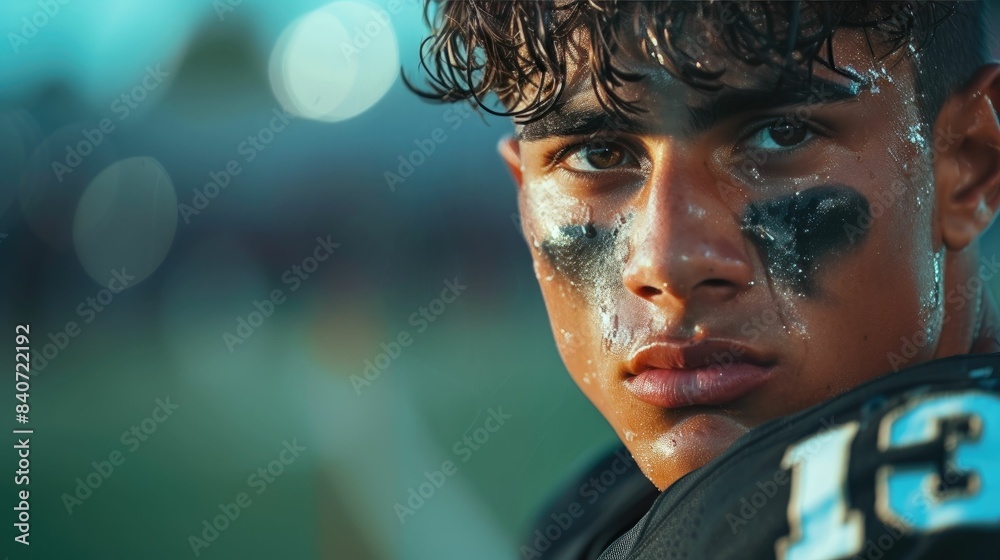 Teen football player with intense focus, smeared eye black, and sweat, during a game at sunset
Teen football player with intense focus, smeared eye black, and sweat, during a game at sunset