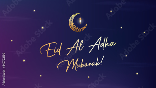Eid Mubarak greetings text with Crescent Moon, Stars, and Arabic Lamp Animation. Celebrate Hajj, Eid al-Fitr, and Eid Holiday landscape banner.