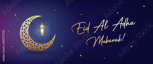 Eid Mubarak greetings text with Crescent Moon, Stars, and Arabic Lamp Animation. Celebrate Hajj, Eid al-Fitr, and Eid Holiday web banner.