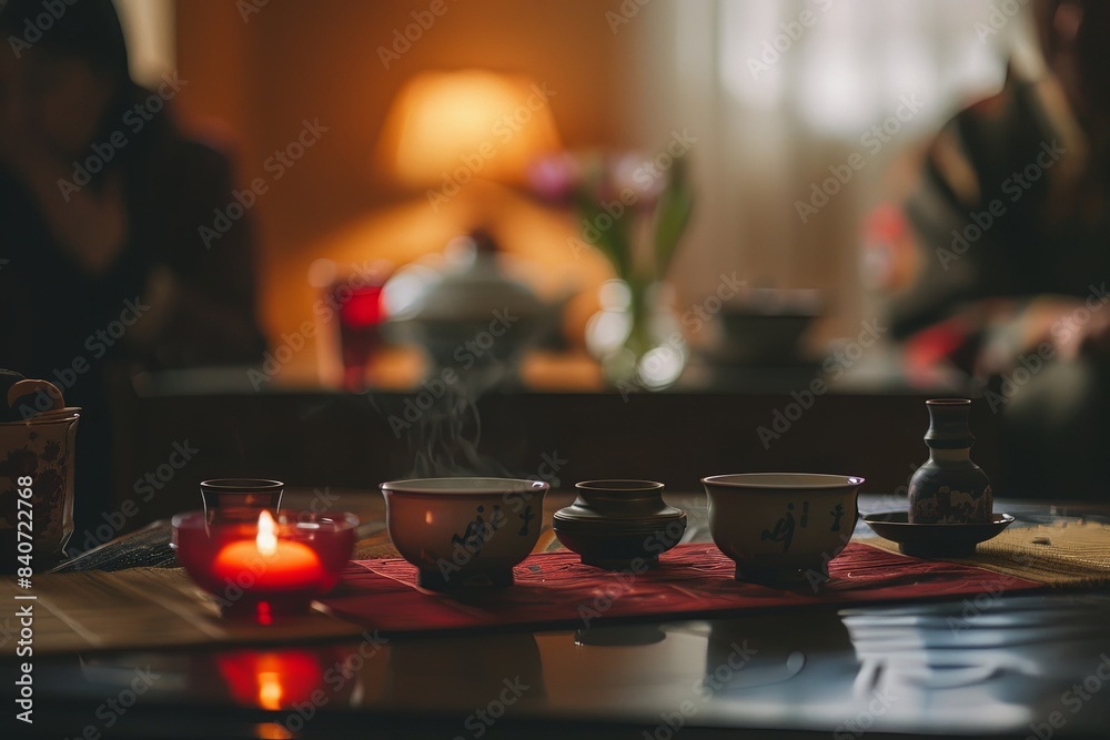 Traditional tea ceremony setting with steaming cups and a warm, cozy ambiance in a dimly lit room Traditional tea ceremony setting with steaming cups and a warm, cozy ambiance in a dimly lit room