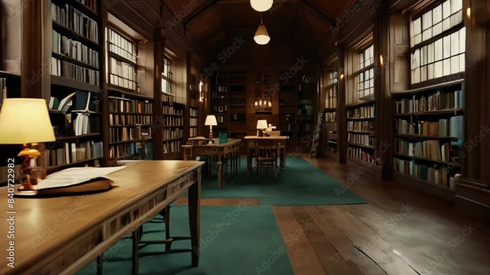 Long Library Hall with Bookshelves and Wooden Desks