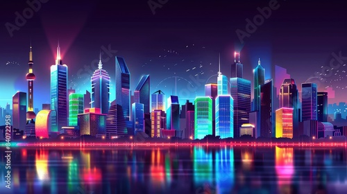 Neon cityscape at night  a vibrant metropolis glowing with energy and life