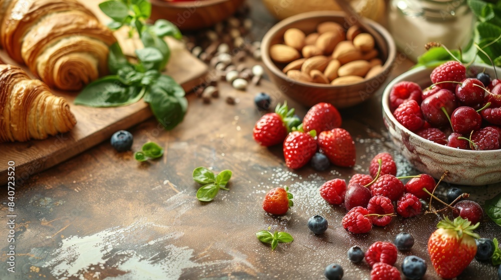 Fresh Berries, Croissants, and Almonds on a Rustic Tabletop Fresh Berries, Croissants, and Almonds on a Rustic Tabletop