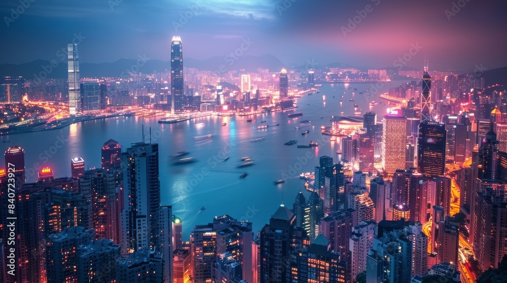 Aerial View of Hong Kong Skyline at Dusk With Vibrant Lights