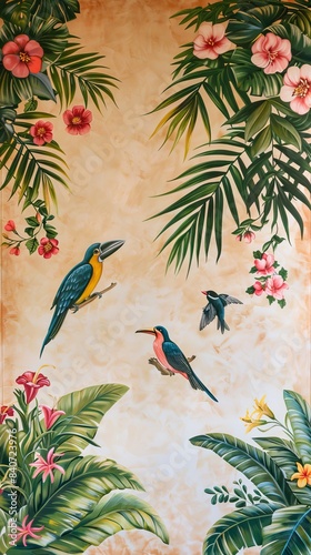 design textile flower birds colorful painting  Tropical wallpaper. AI generated illustration