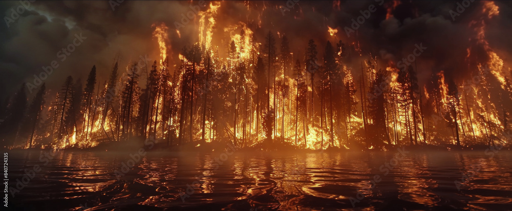Fototapeta premium A Forest Fire Burning Brightly During Nighttime