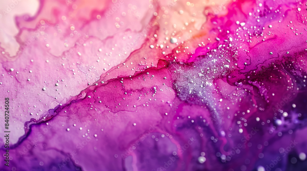 Closeup of abstract watercolor in bright pinks and purples with splashes of silver, creating a dreamy effect Closeup of abstract watercolor in bright pinks and purples with splashes of silver, creating a dreamy effect
