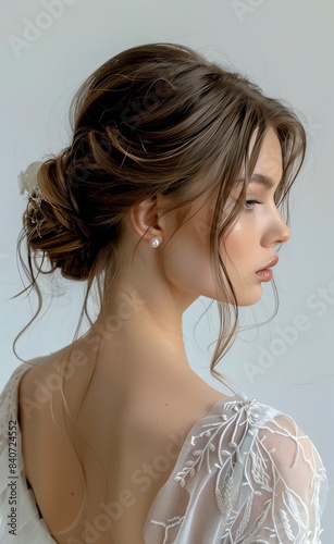 Portrait of a Woman With Long Brown Hair in an Elegant White Dress