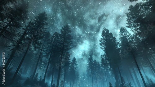 The night sky is a canvas for the stars to shine their light upon the world below. The trees of the forest reach high into the sky as if trying to touch the stars.