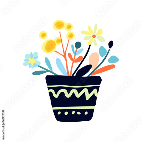 Illustration of motley flowers planted in a pot, depicted in a charming folk style. Colorful and whimsical design suitable for print, decoration, poster printing, and childrens products.