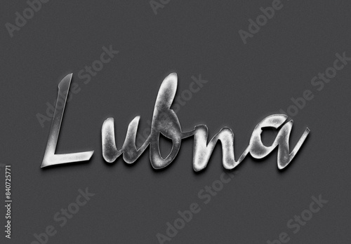 Chrome metal 3D name design of Lubna on grey background. photo