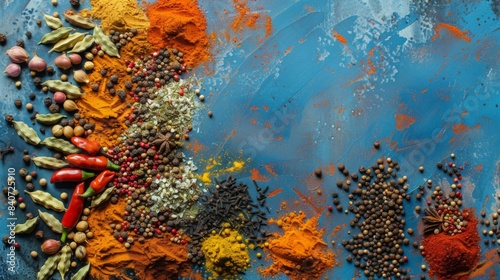 Colorful assortment of mixed spices, herbs, and seeds spread on a blue textured background. Vibrant culinary ingredients for exotic recipes and food styling.  photo