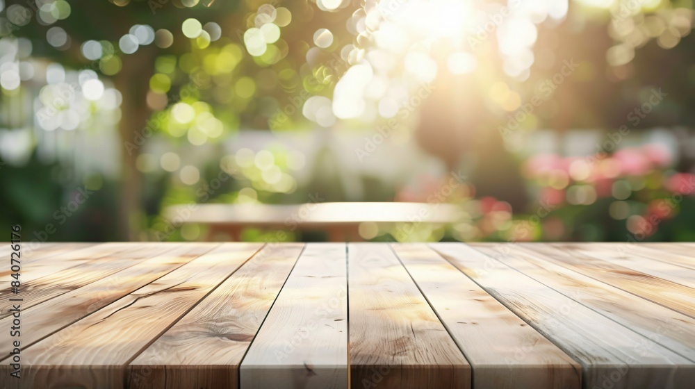 Wooden Tabletop with Blurred Nature Garden Background, Outdoor Dining Concept Wooden Tabletop with Blurred Nature Garden Background, Outdoor Dining Concept