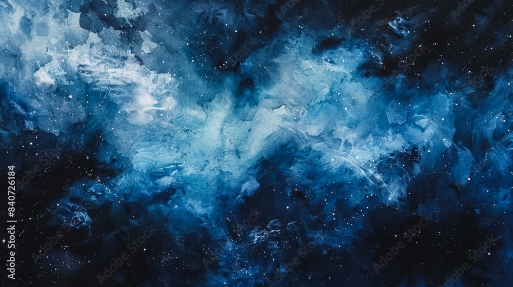 Deep space watercolor background, rich navy and black gradients, bright stars and glowing nebula, abstract patterns, vast empty space for text 