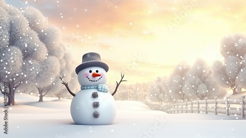 Happy snowman standing in christmas landscape. Snow background with copy space © Fathur