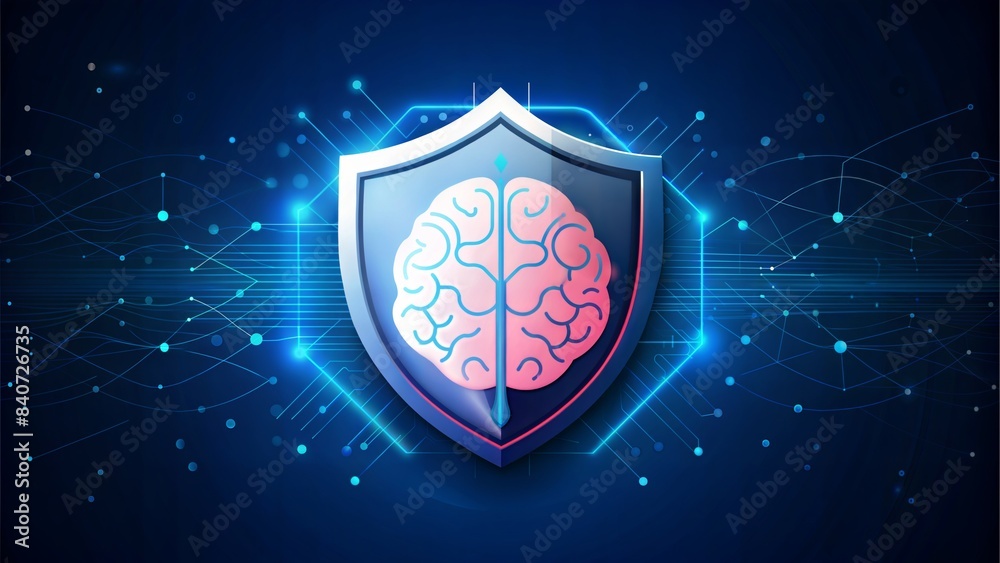 Fototapeta premium Shield with AI brain icon, futuristic tech background, neural network lines, secure and intelligent, cyber protection