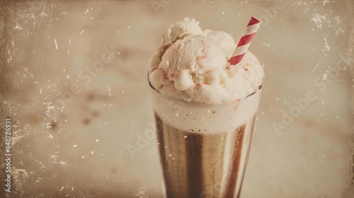 Boston Cooler, a vintage-style photograph. A tall glass filled with creamy vanilla ice cream, creating a foamy head. A red and white striped straw rests on the rim of the glass