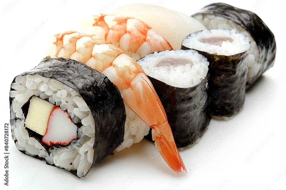 Close up of assorted sushi rolls and nigiri with fresh seafood, beautifully plated, vibrant, food photography