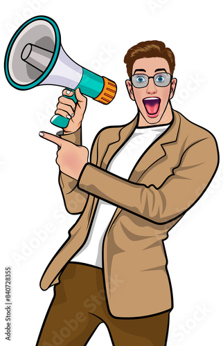 Business man screaming announce with megaphone In Retro Vintage Pop Art Comic Style