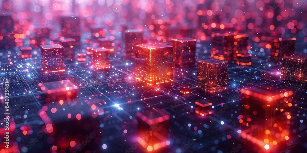 Fototapeta premium Futuristic cube in a digital grid with glowing points of light. Abstract technological background.