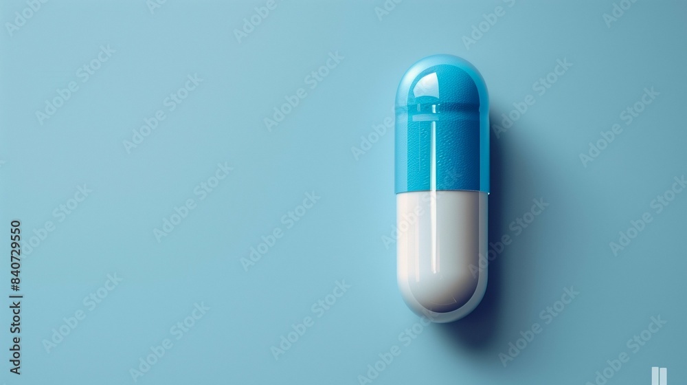 Close-Up of Blue and White Capsule Pills on Minimalist White Background Emphasizing Healthcare, Medicine, and Pharmaceutical Concepts Close-Up of Blue and White Capsule Pills on Minimalist White Background Emphasizing Healthcare, Medicine, and Pharmaceutical Concepts