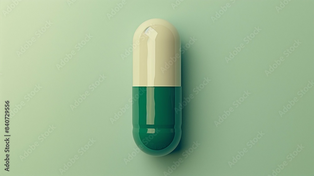 Professional Close-Up of Green and White Capsule Pills on Minimalist White Background Highlighting Medical and Pharmaceutical Concepts Professional Close-Up of Green and White Capsule Pills on Minimalist White Background Highlighting Medical and Pharmaceutical Concepts