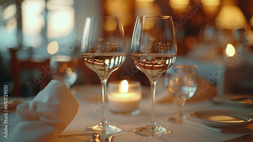 A Glass of White Wine and Flowers on a Table in a Restaurant