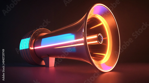 Neon megaphone, loudspeaker shining on dark background. Speaker glowing, announcement, attention, shout news