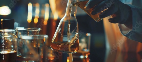 Scientist biologist holds a tilted glass flask with a yellow liquid. Medical pharmaceutical concept.