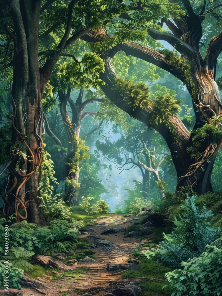 Fototapeta premium A beautiful fairytale enchanted forest with big trees and great vegetation. Digital painting background hyper realistic 