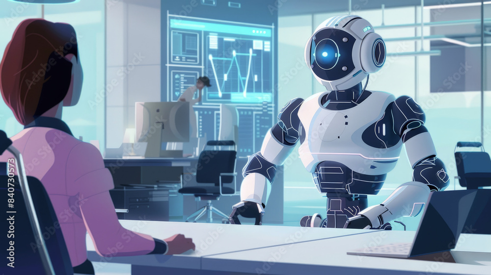 An intricate digital illustration of a single AI-powered humanoid robot interacting with a person in a modern office setting, symbolizing the artificial intelligence industry. The robot is depicted An intricate digital illustration of a single AI-powered humanoid robot interacting with a person in a modern office setting, symbolizing the artificial intelligence industry. The robot is depicted