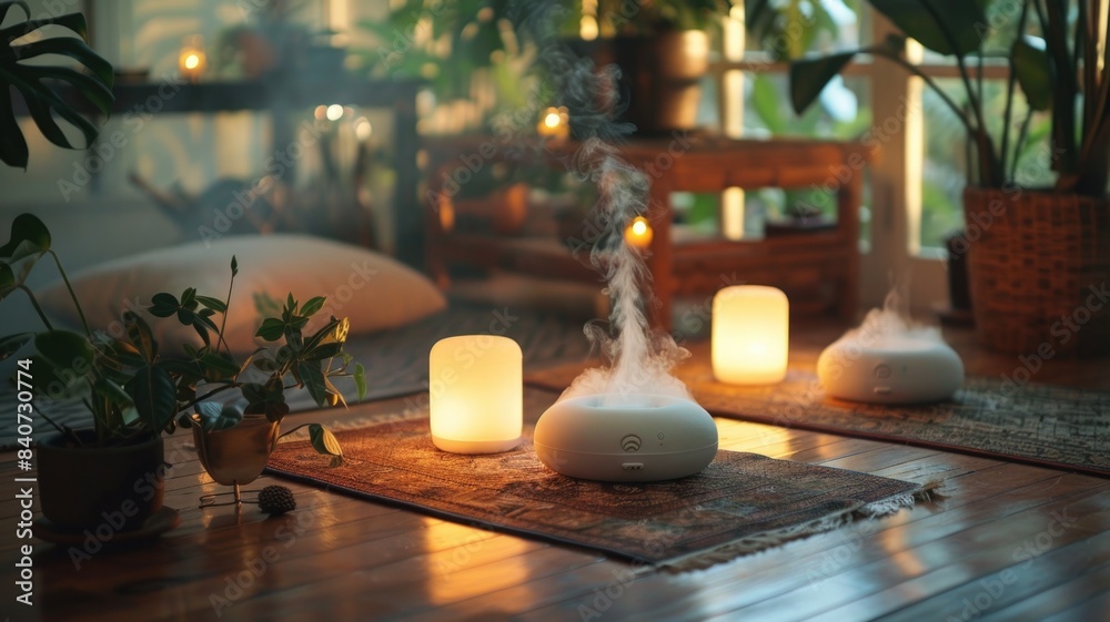 serene setup for a guided meditation session, emphasizing the peaceful ambiance created by soft lighting and essential oil diffusers
