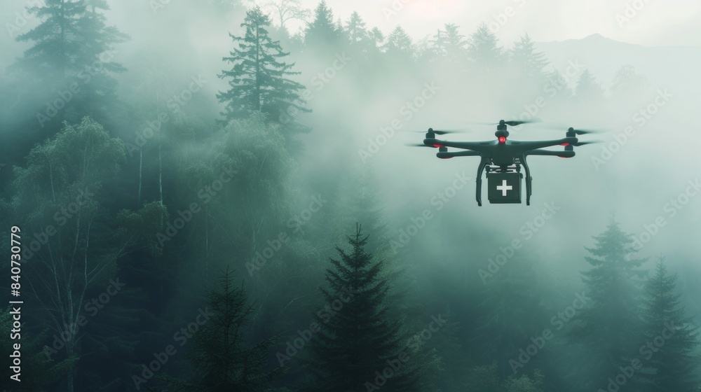 Drone carrying medical delivery box flying in misty forest Drone carrying medical delivery box flying in misty forest