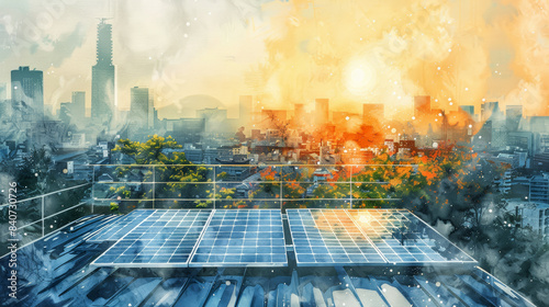 Solar panel placed on a rooftop terrace of a high-rise building, surrounded by urban scenery, watercolor illustration 