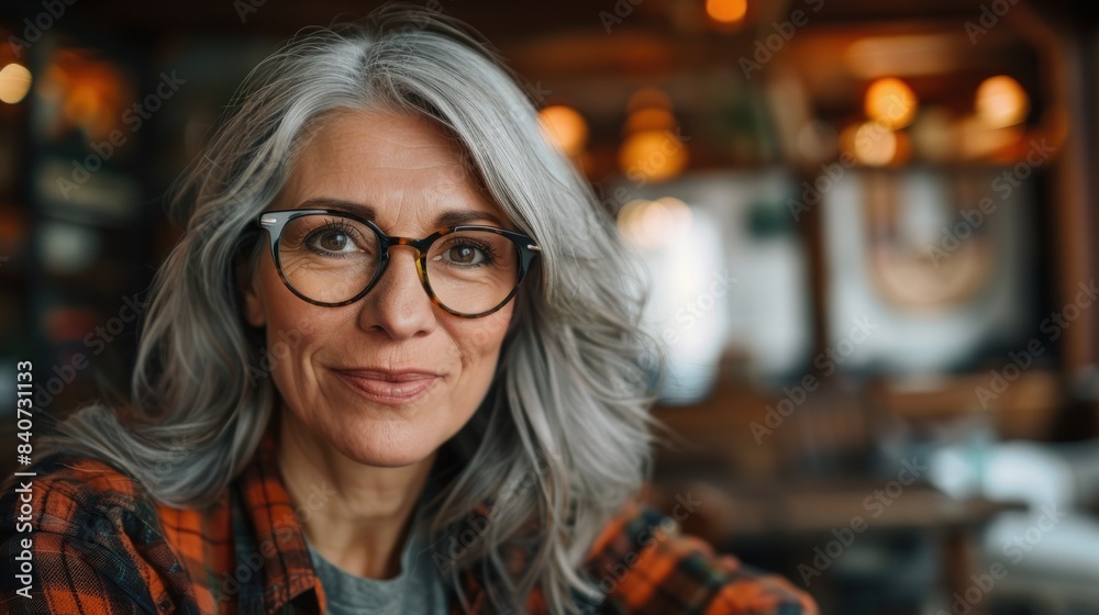 A woman with silver hair and glasses, wearing a red plaid shirt, looks off to the side with a serene and thoughtful expression A woman with silver hair and glasses, wearing a red plaid shirt, looks off to the side with a serene and thoughtful expression