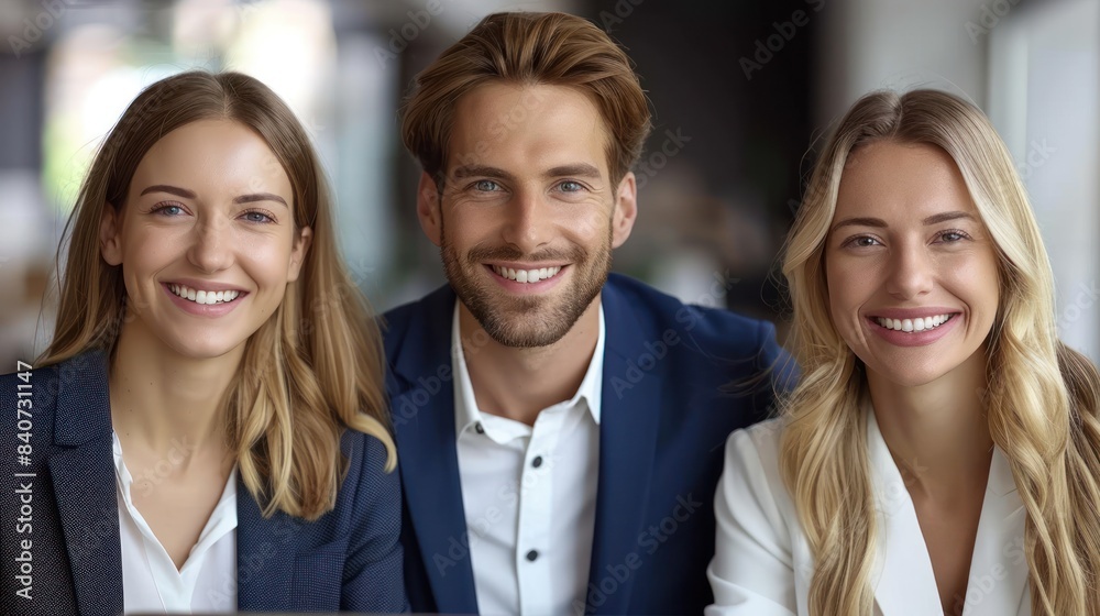 Three smiling professionals, two women and one man, pose confidently in a modern office setting Three smiling professionals, two women and one man, pose confidently in a modern office setting