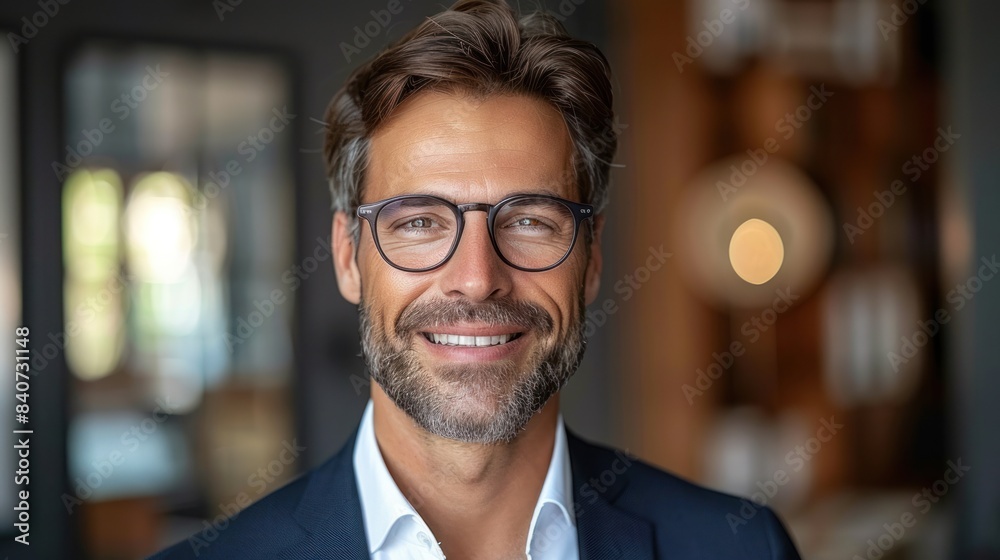 A man in a suit and glasses smiles warmly in an office setting A man in a suit and glasses smiles warmly in an office setting