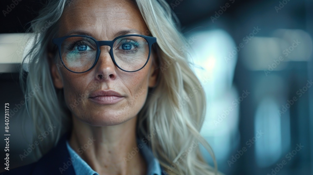 A close-up portrait of a woman with blonde hair wearing eyeglasses, her gaze directed toward the viewer A close-up portrait of a woman with blonde hair wearing eyeglasses, her gaze directed toward the viewer