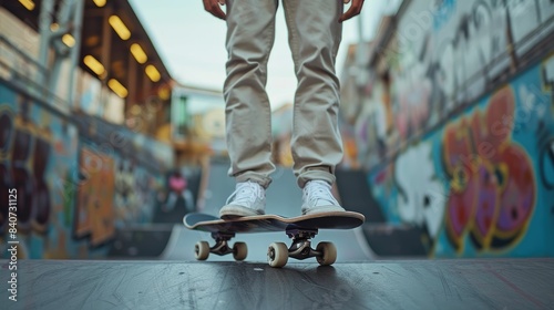 Youthful Skateboarder Performing Tricks in Urban Skate Park, Captured from a Low Angle with Colorful Graffiti Background 