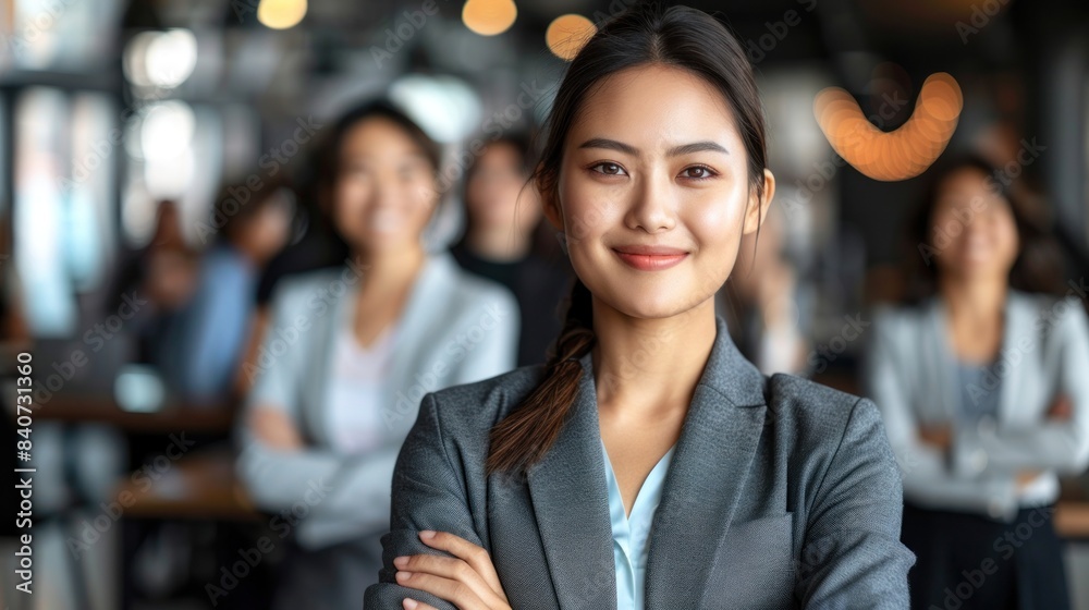 A businesswoman stands confidently with her arms crossed in a modern office setting A businesswoman stands confidently with her arms crossed in a modern office setting