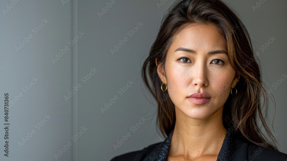 Fototapeta premium A woman with long dark hair looks directly at the camera with a contemplative expression