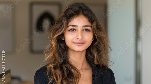 Free Download A young woman with long, flowing hair stands in a brightly lit room, her expression serene and contemplative - GFXLoad