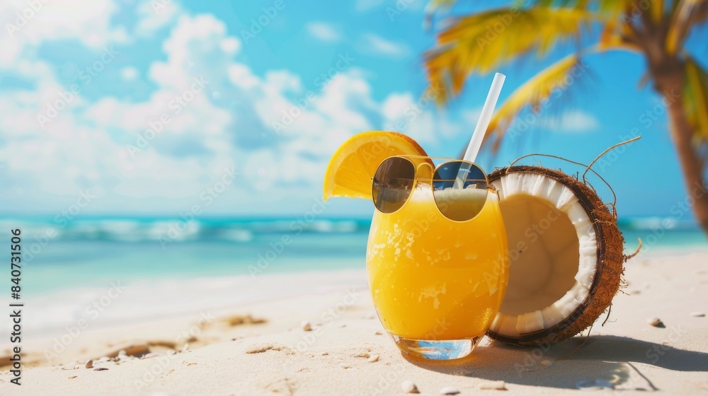 Obraz premium Sunglasses and coconut with drink on the beach. summer day concept