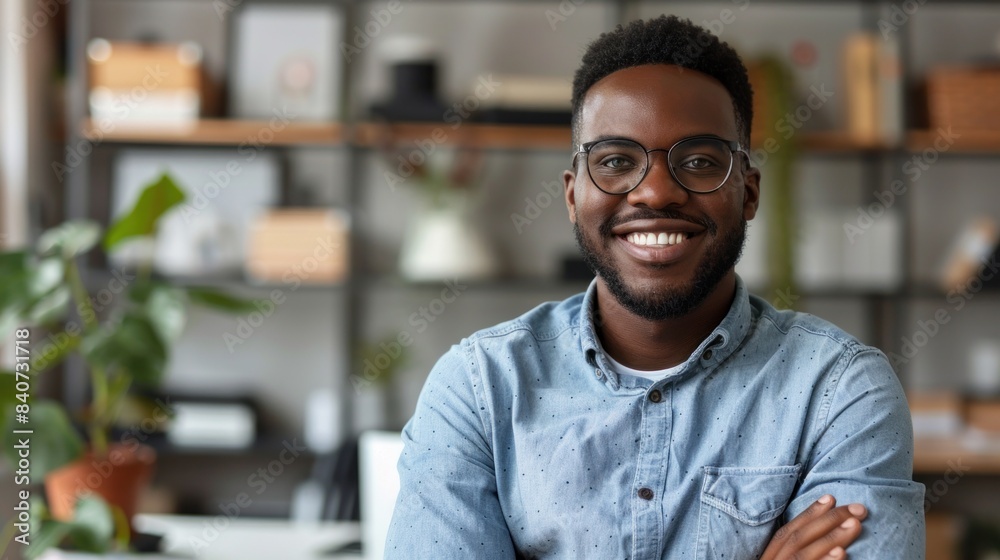 A smiling man wearing glasses stands in an office setting A smiling man wearing glasses stands in an office setting